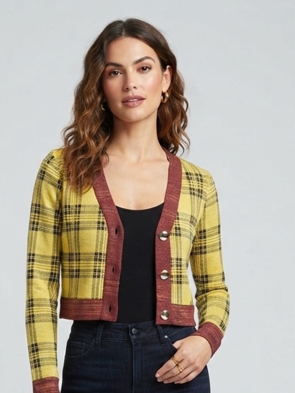 Vintage Style Liz & Sara Plaid Knit Cardigan Yellow Brown Cropped Button Up